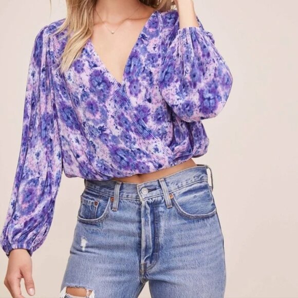 ASTR the Label Purple Tie Dye Pleated Surplice Crop Top - Picture 2 of 10